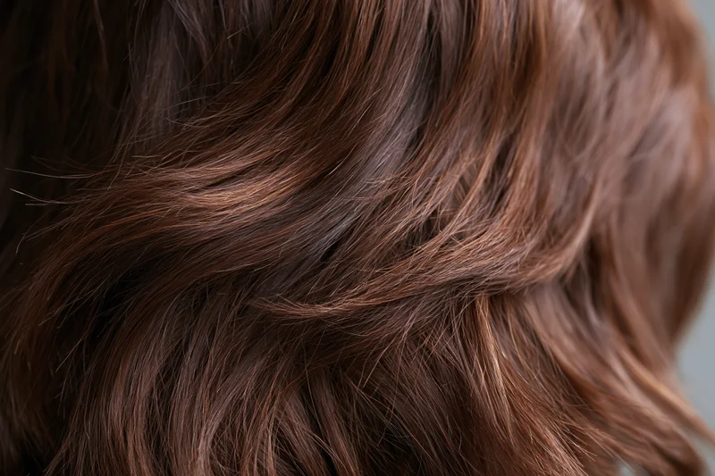 Closeup of wavy brown human hair with glossy texture filling the frame