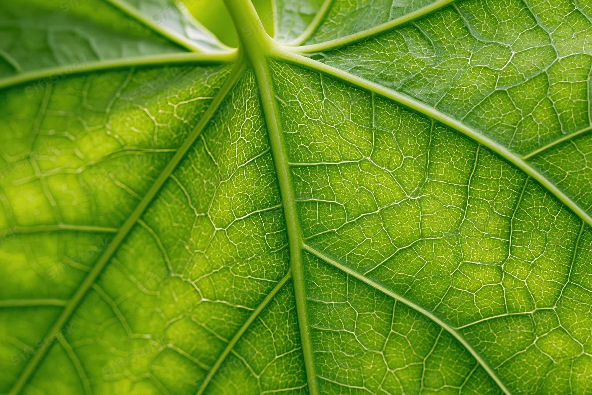 Closeup of a green leaf showing detailed veins and texture from below