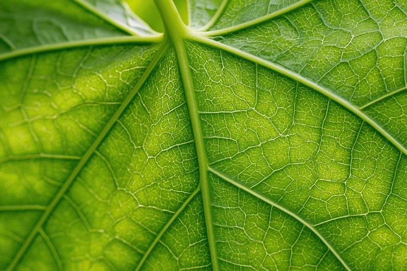 Closeup of a green leaf showing detailed veins and texture from below