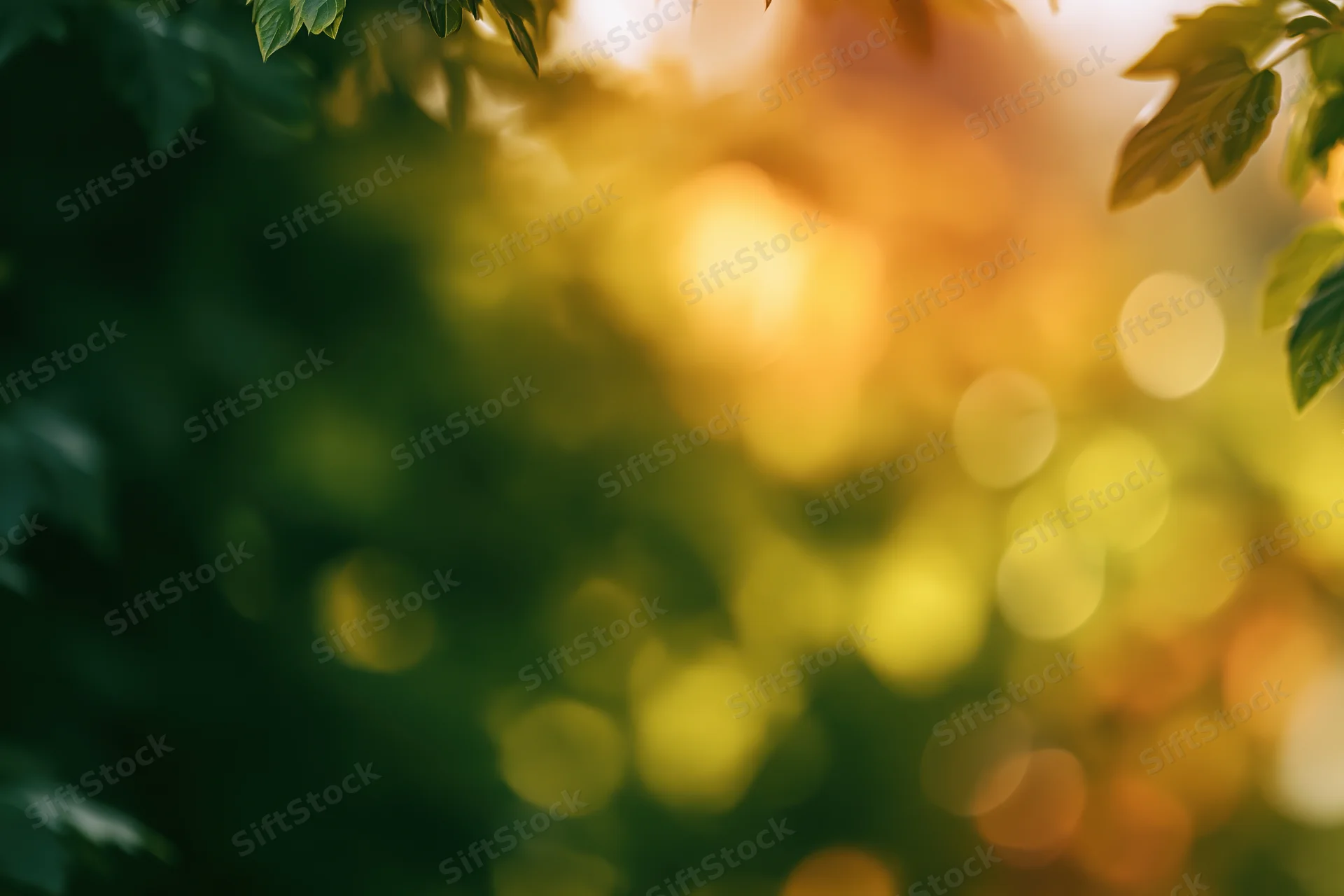 Sunlit leaves in a forest canopy with golden bokeh light filtering through foliage