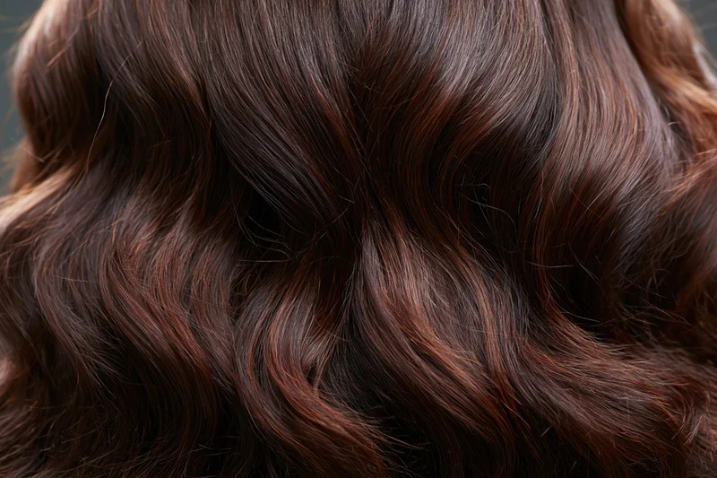 Close-up of wavy dark brown hair with warm highlights and glossy texture
