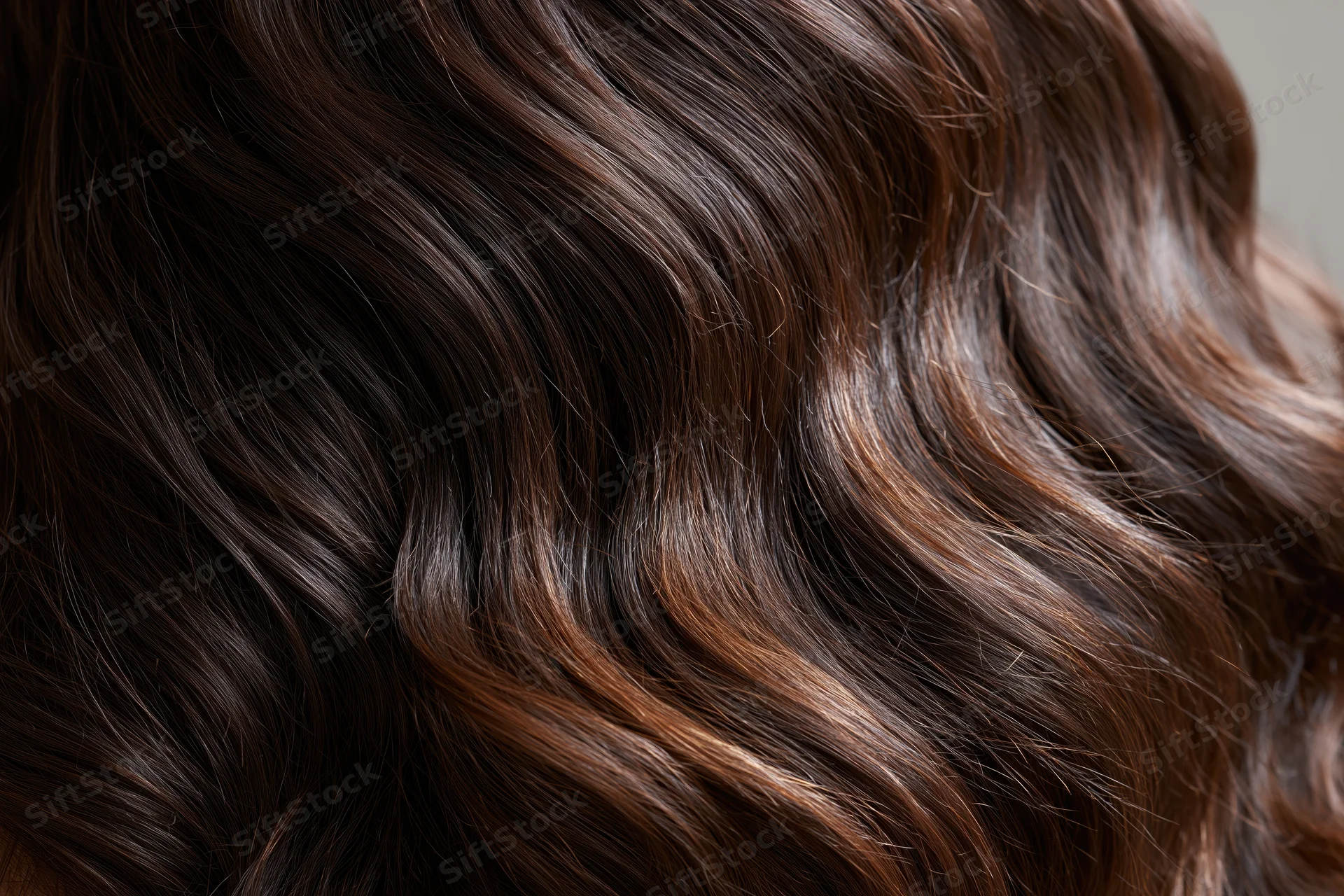 Close-up of wavy dark brown hair with warm highlights and glossy texture