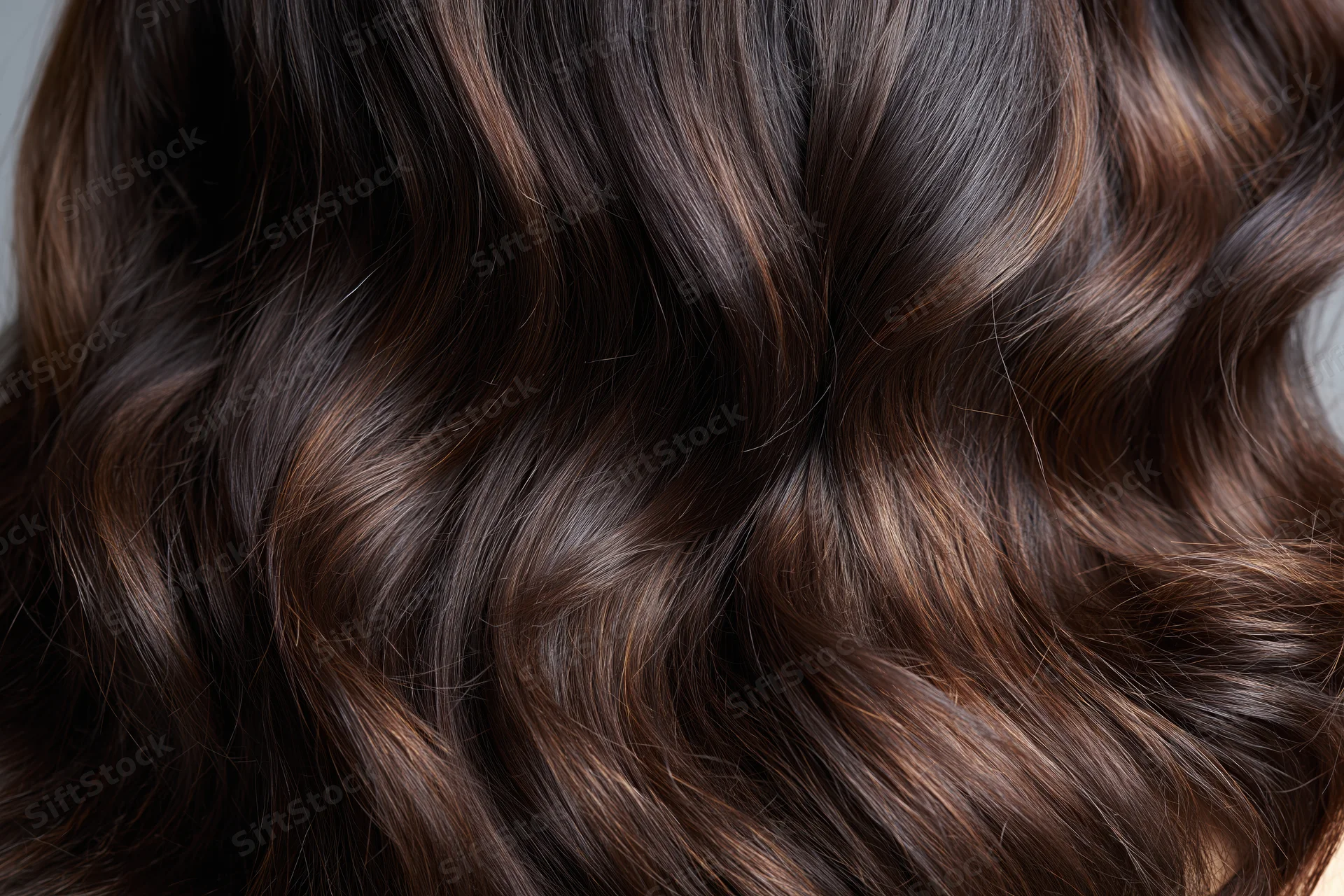 Close-up of wavy dark brown hair with warm highlights and glossy texture