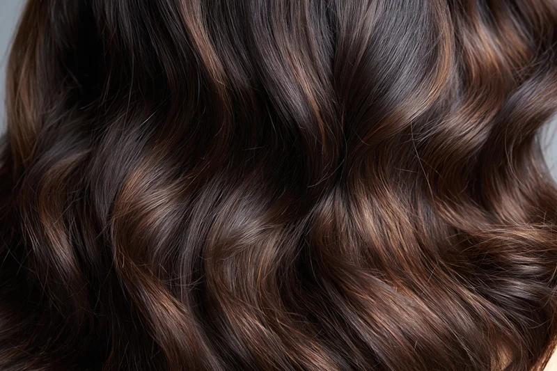 Close-up of wavy dark brown hair with warm highlights and glossy texture