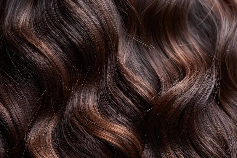 Close-up of wavy dark brown hair with warm highlights and glossy texture