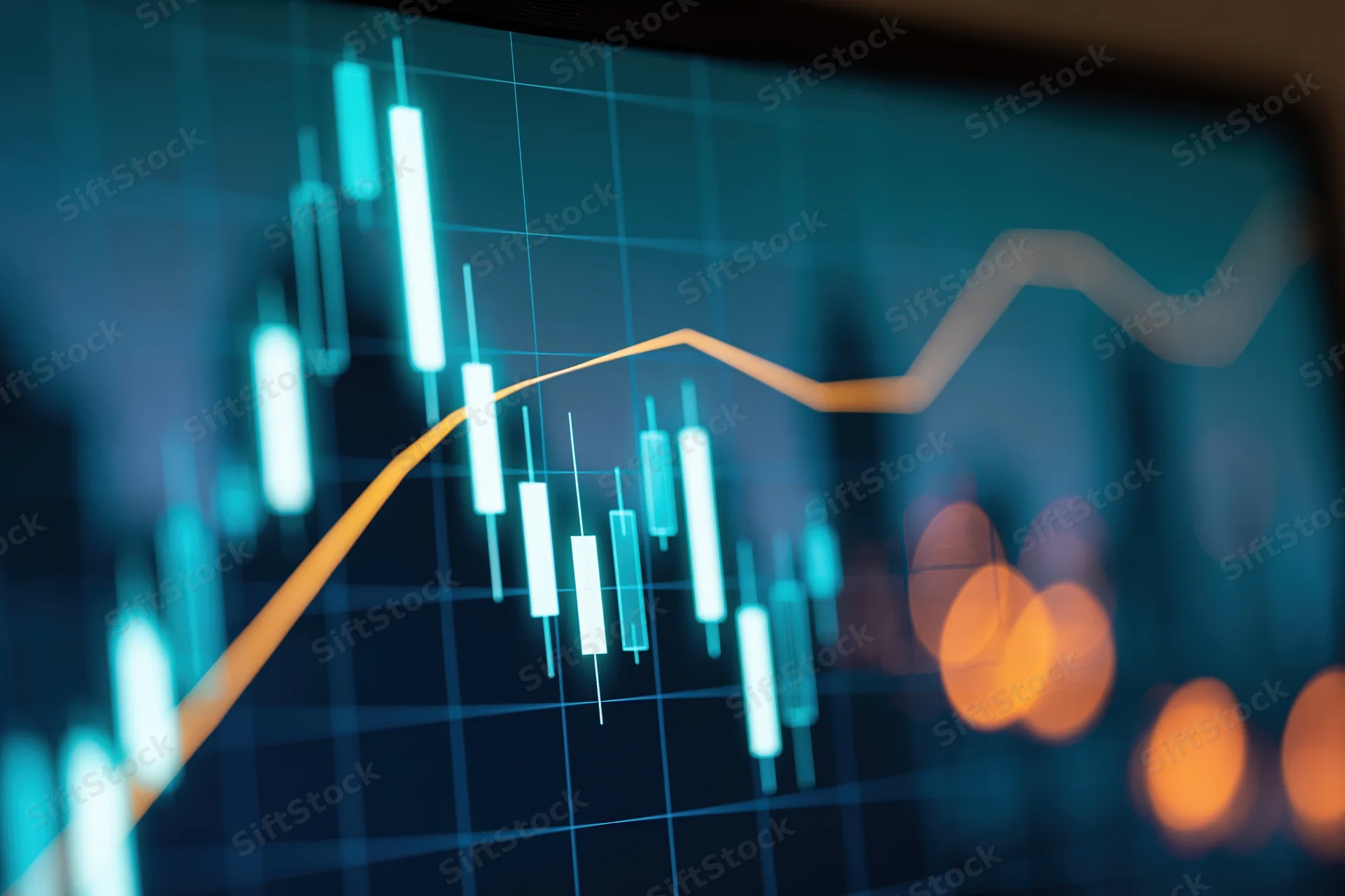 Candlestick chart showing rising trend on digital screen