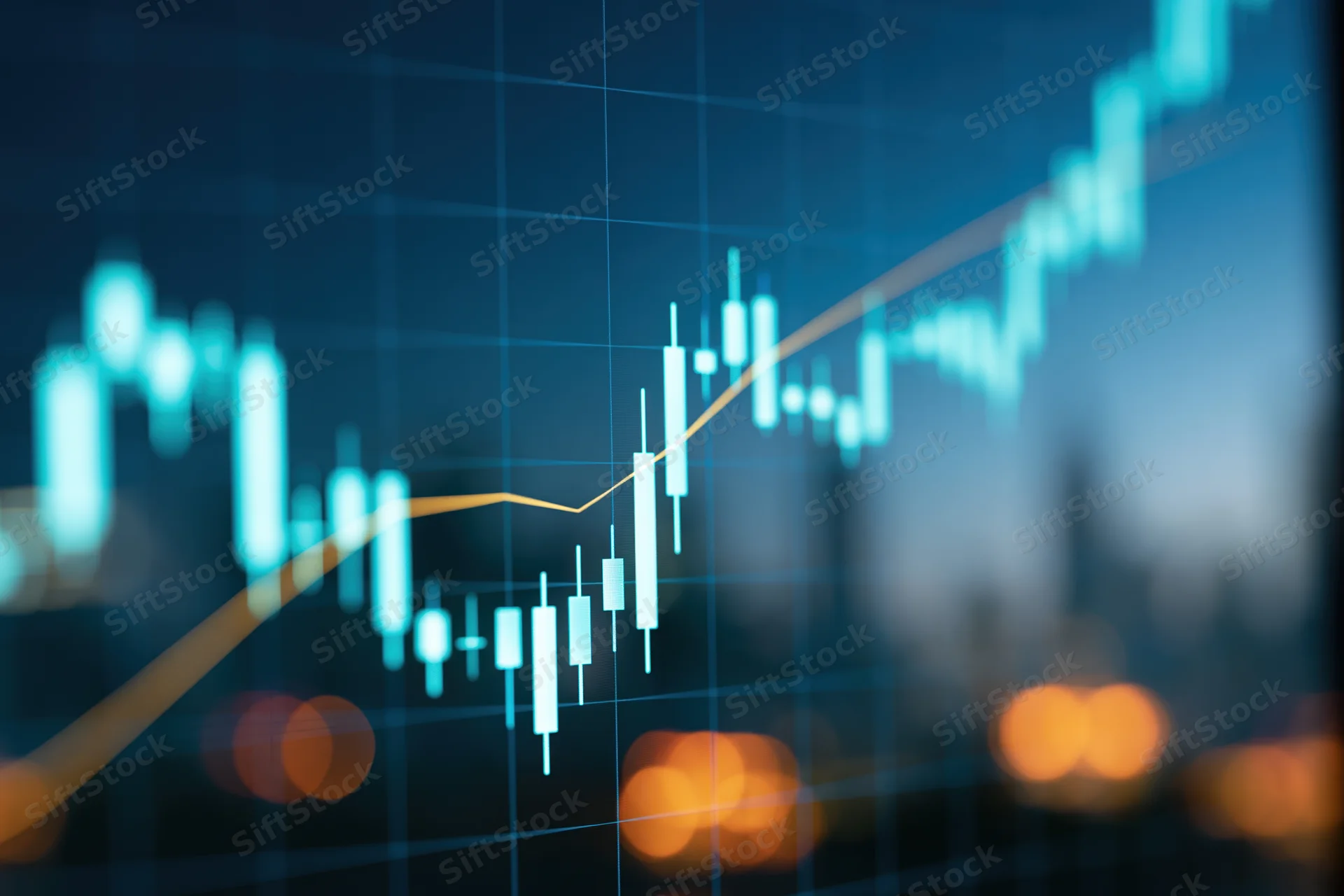 Rising candlestick chart on a digital screen with city lights in the background