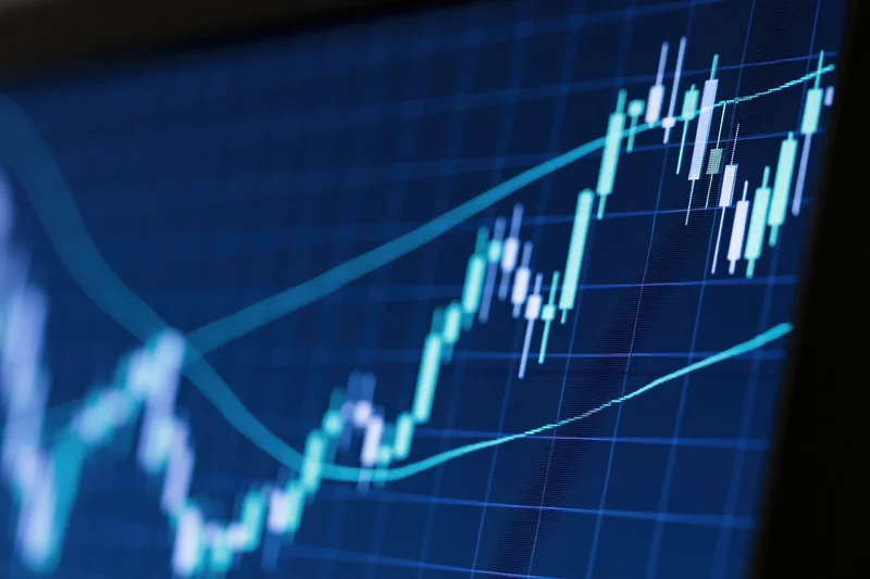 Candlestick chart showing upward trend on a digital trading screen