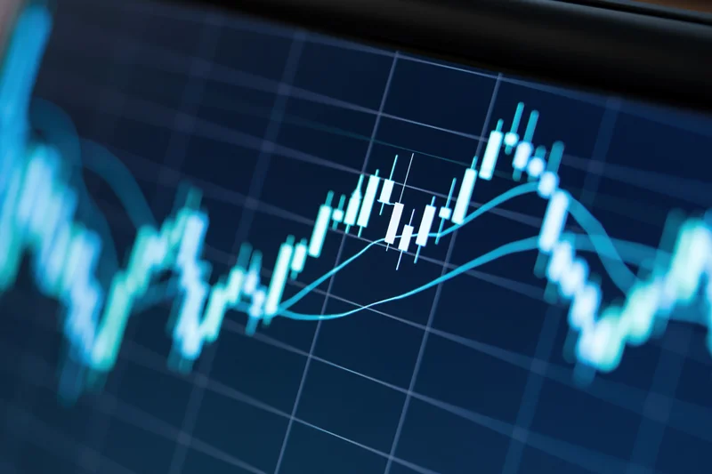 Candlestick chart on a digital screen showing price movement and market trend