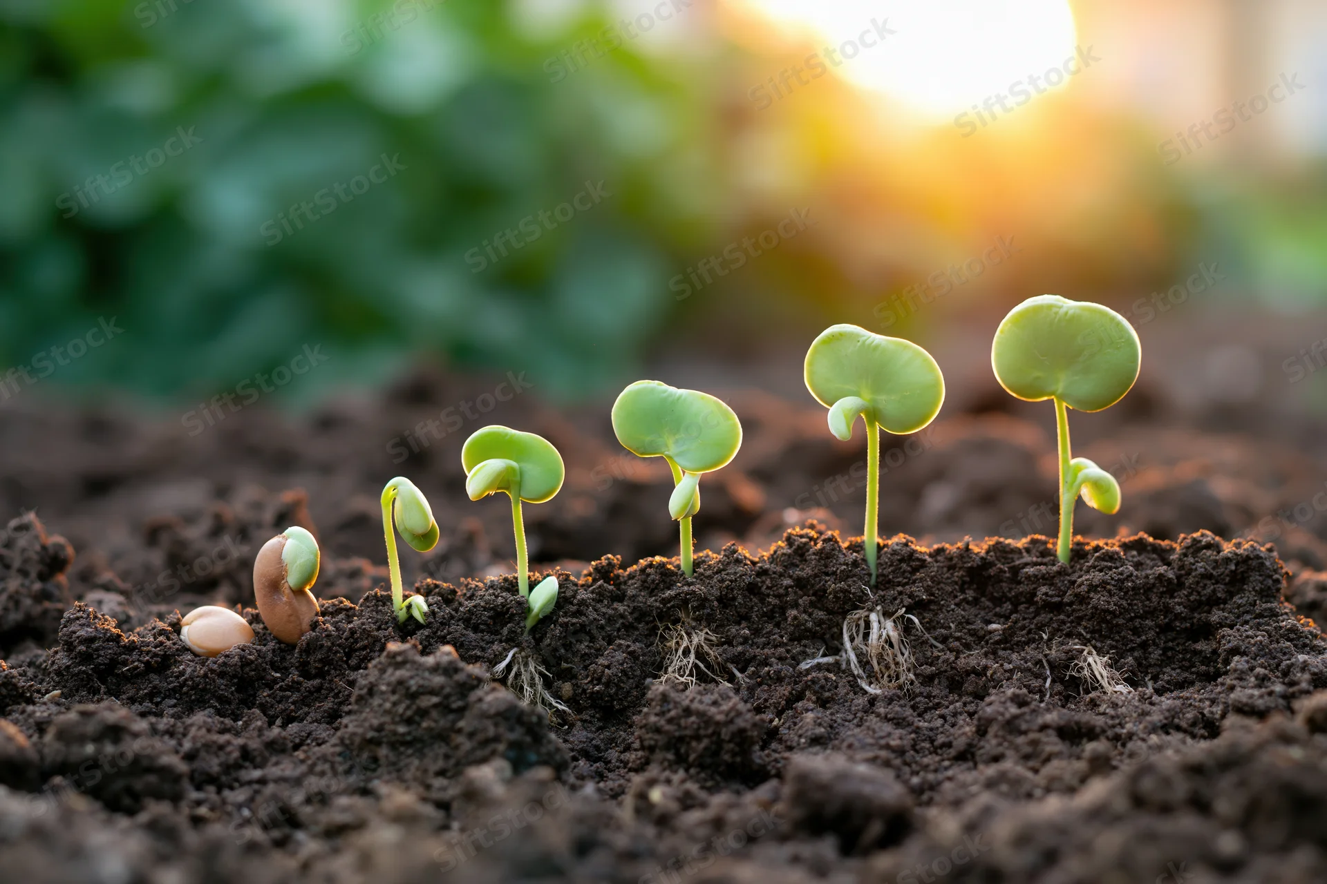 Five bean seedlings in progressive stages of germination emerging from soil in a garden at sunrise