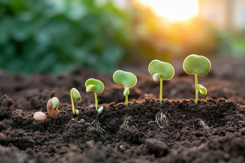 Five bean seedlings in progressive stages of germination emerging from soil in a garden at sunrise
