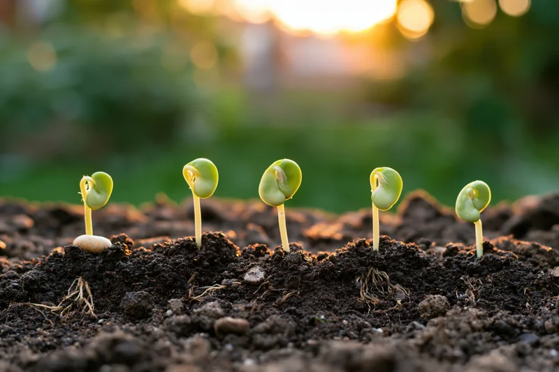 Five bean seedlings in a row emerging from soil at sunrise