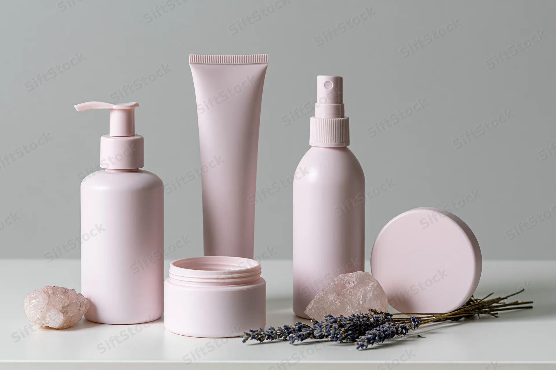 Blush-pink skincare containers arranged on a white surface with lavender and crystals