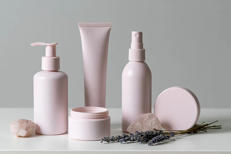 Blush-pink skincare containers arranged on a white surface with lavender and crystals