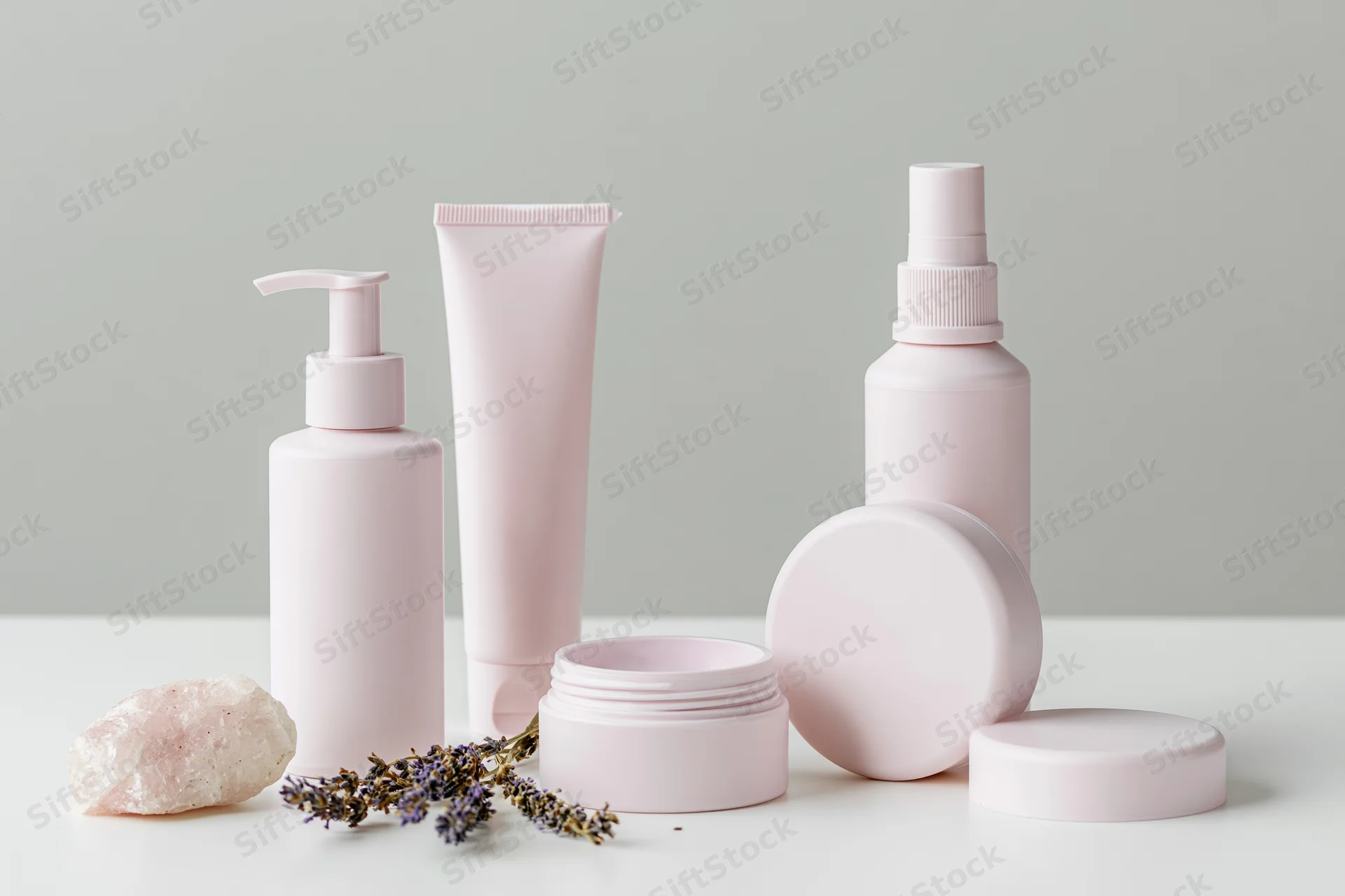 Blush-pink skincare containers arranged on white surface with lavender and rose quartz