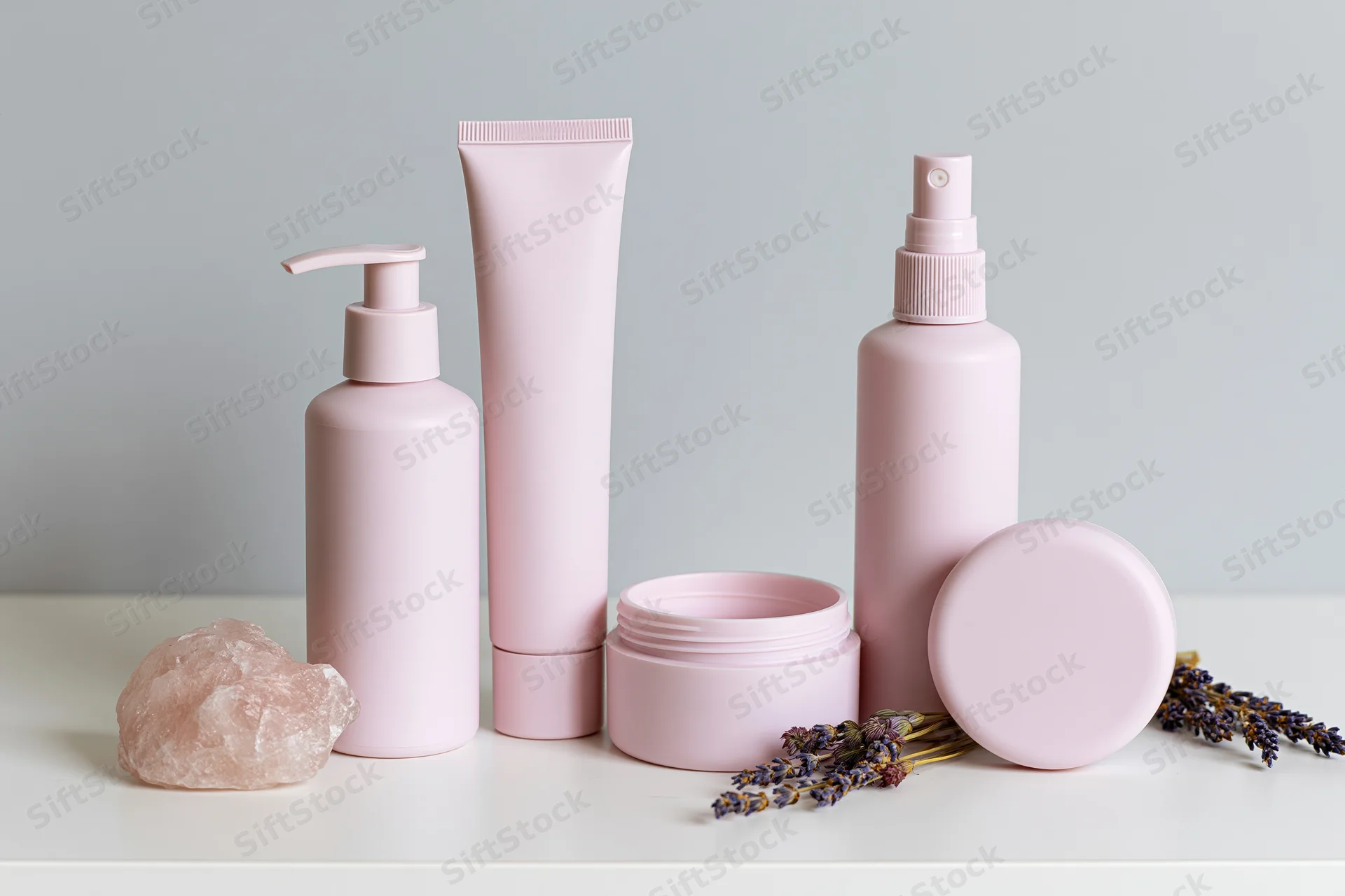 Blush-pink skincare containers arranged with lavender and rose quartz on white surface