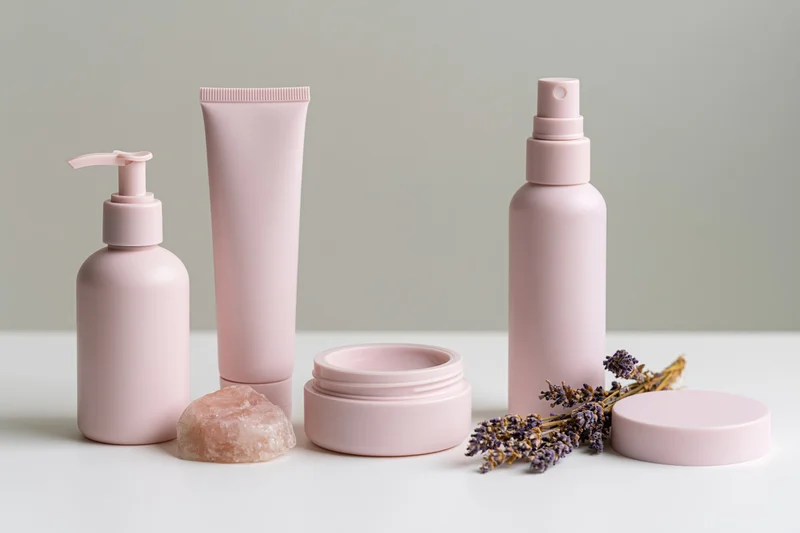 Blush-pink skincare containers arranged on white surface with lavender and rose quartz