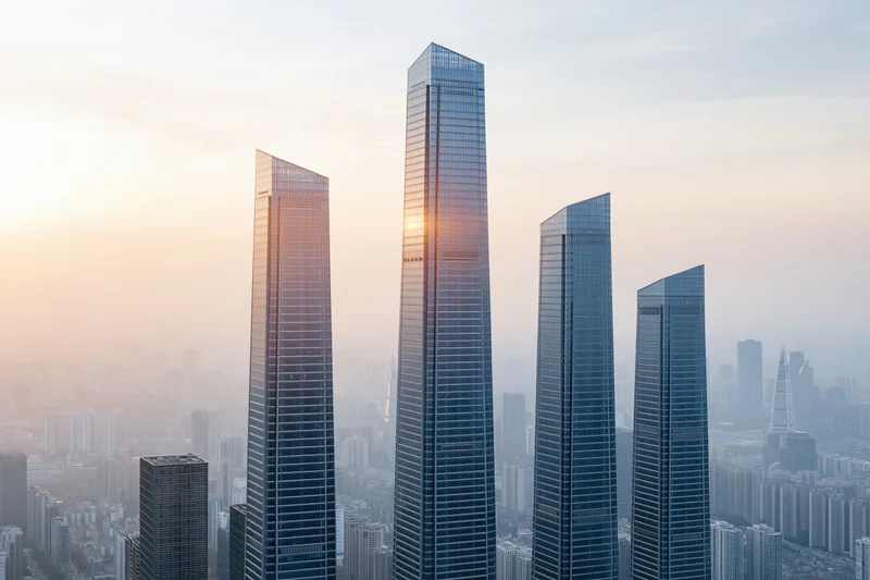Five modern glass skyscrapers rising in ascending height against a hazy city skyline at sunset