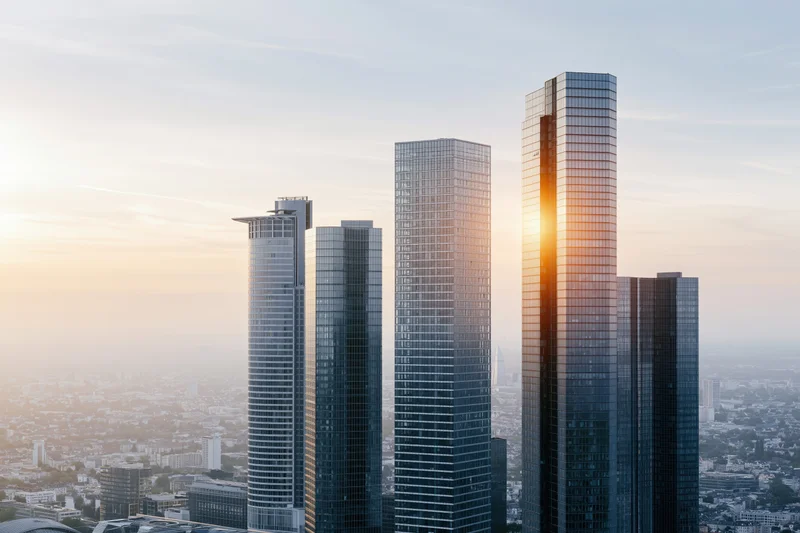 Modern glass skyscrapers rising in ascending height against a sunrise sky over a cityscape