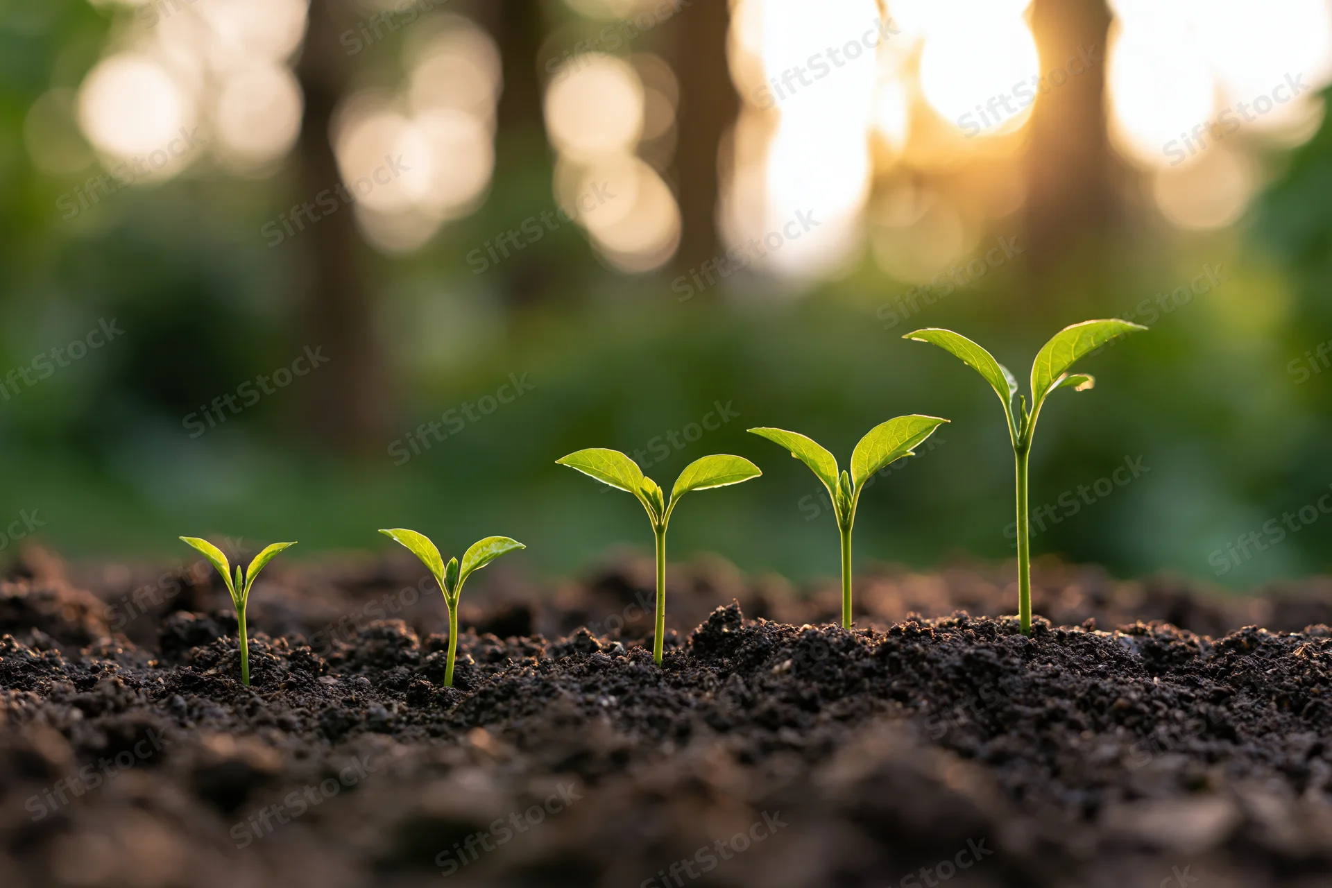 Five seedlings growing in soil in a forest at sunrise, arranged in increasing height from left to right