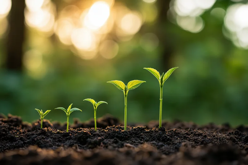 Five seedlings growing in soil in a forest with sunlight filtering through trees