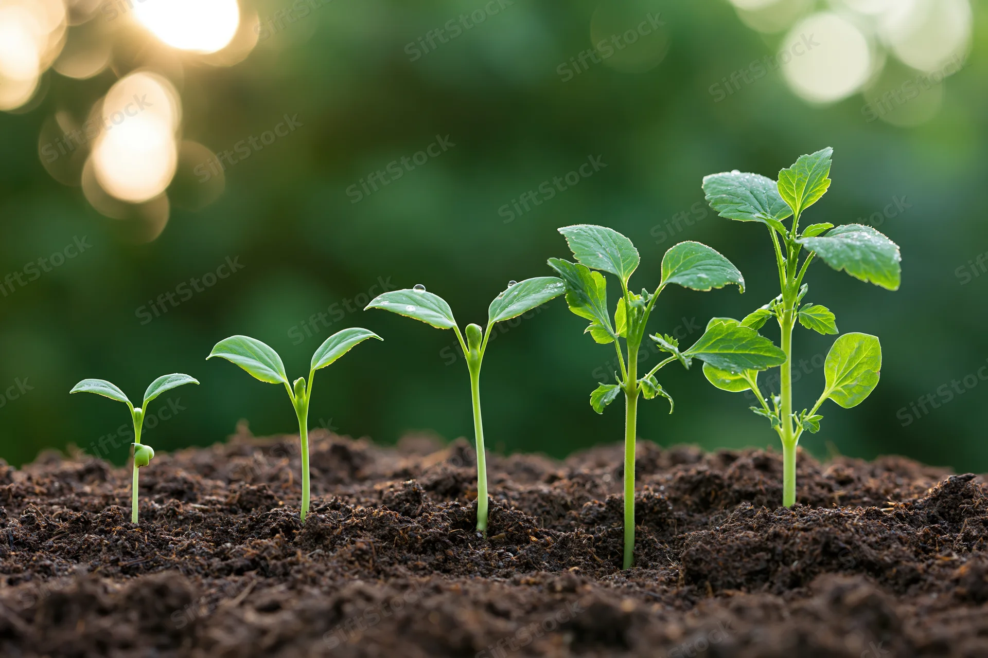 Five seedlings in a row showing progressive growth in soil under sunlight