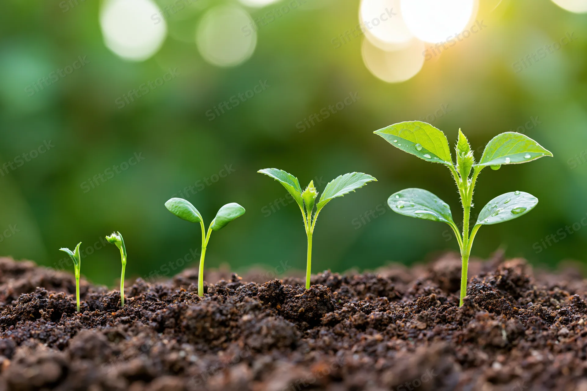 Five seedlings in a row showing progressive growth in soil under sunlight