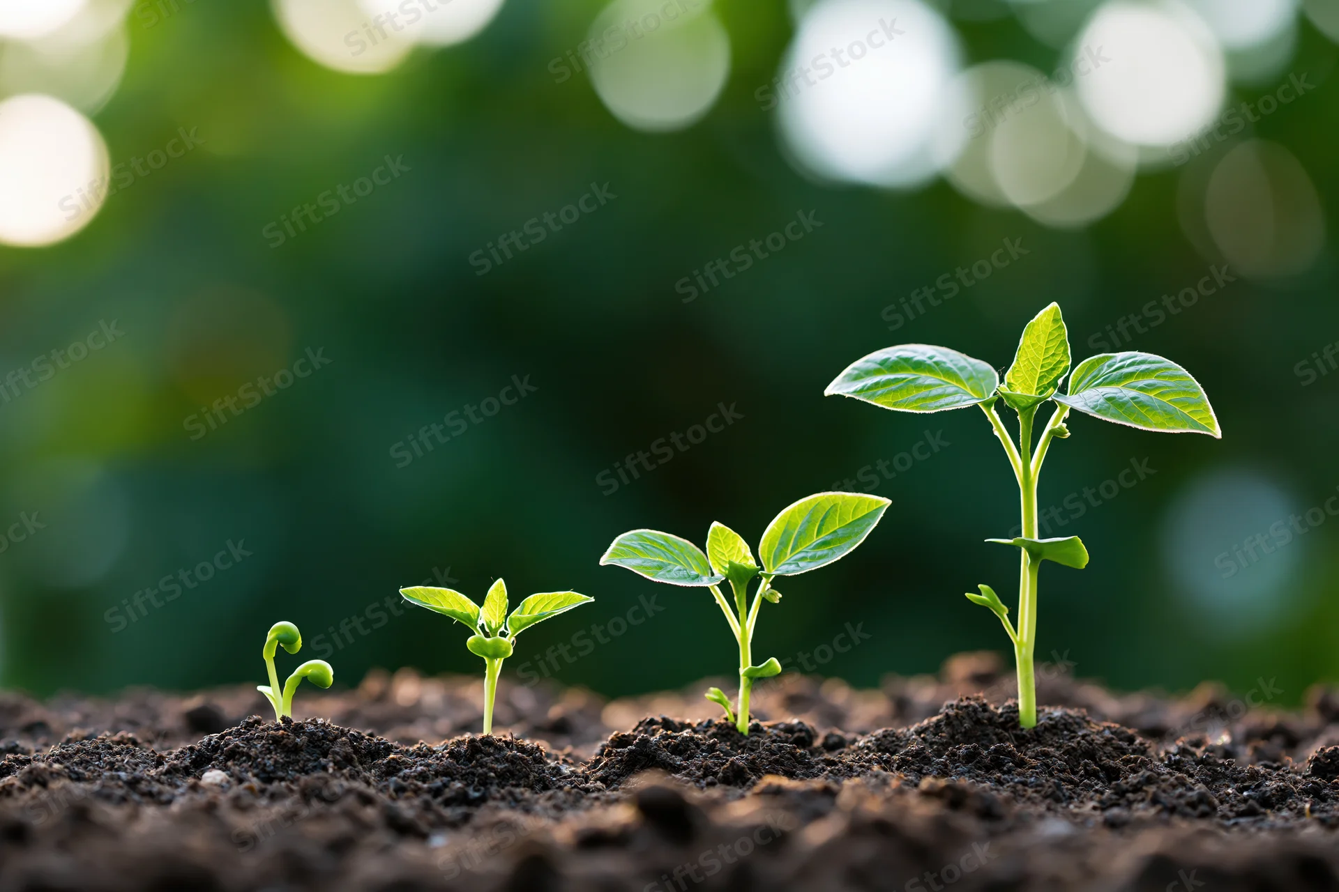 Five seedlings in progressive growth stages emerging from soil in a garden setting