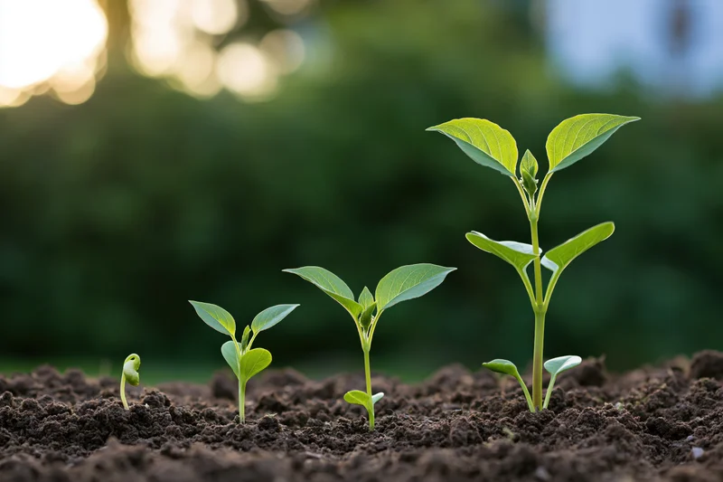 Four seedlings in progressive growth stages emerging from soil in a garden setting