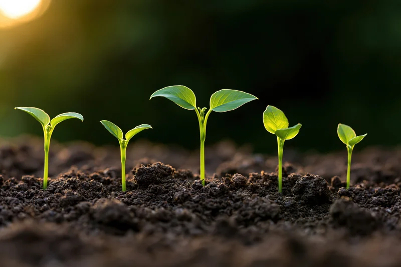 Five seedlings at different growth stages emerging from soil in a row under morning light