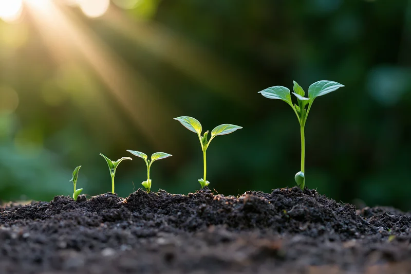 Five seedlings of increasing height growing in a row from dark soil under sunlight