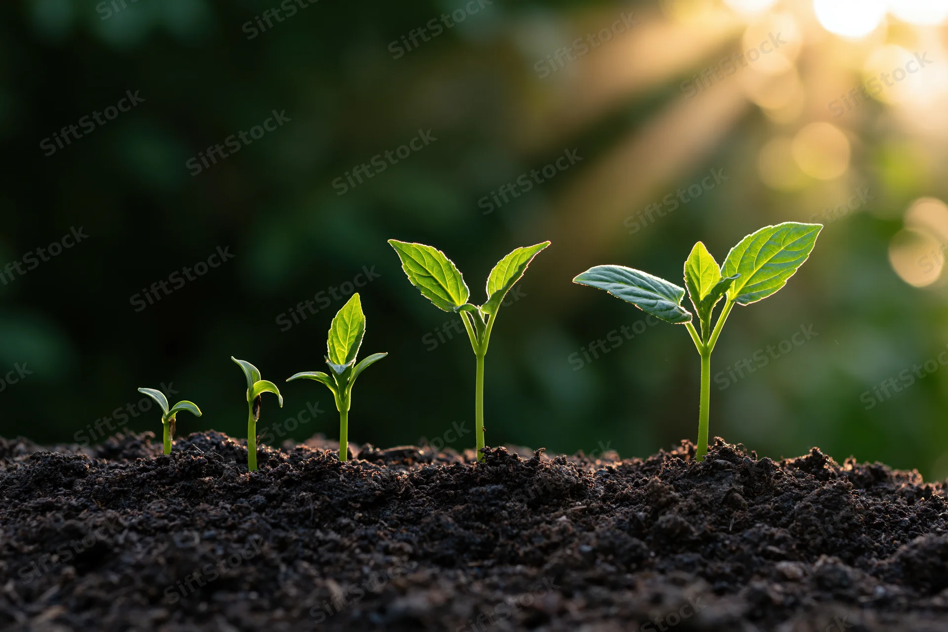Five seedlings of increasing height growing in a row from dark soil under morning sunlight