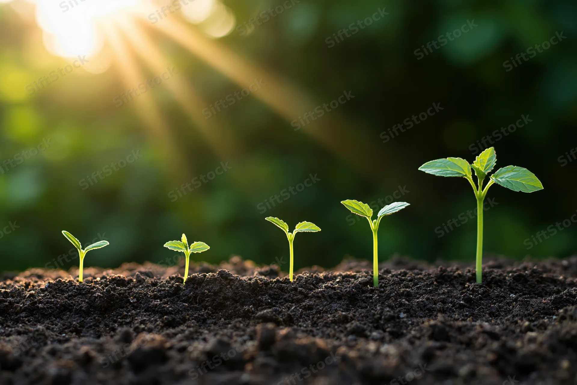 Five seedlings of increasing height growing in a row in soil under sunlight