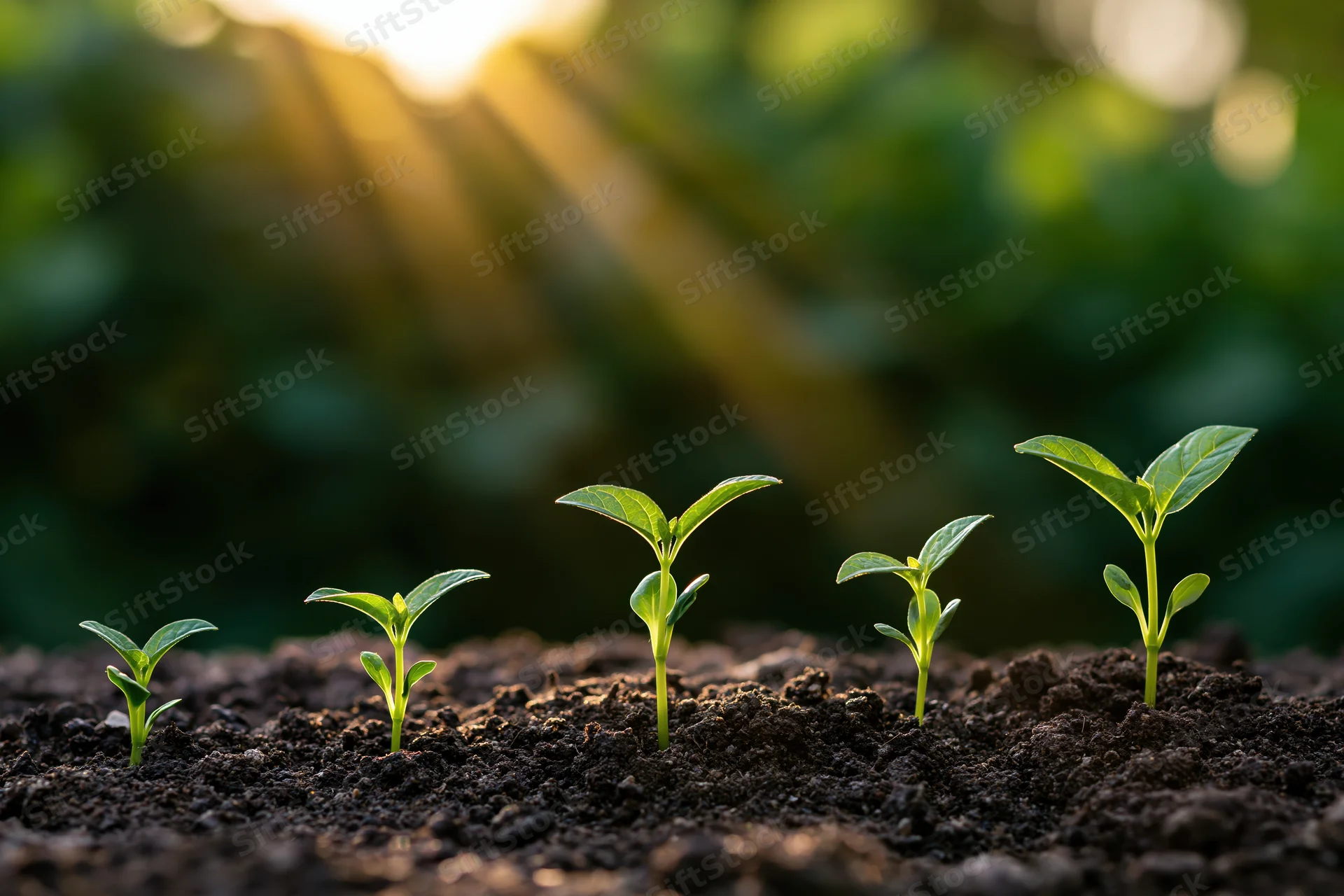 Five seedlings of increasing height growing in a row in soil with sunlight streaming through trees in the background
