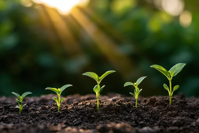 Five seedlings of increasing height growing in a row in soil with sunlight streaming through trees in the background