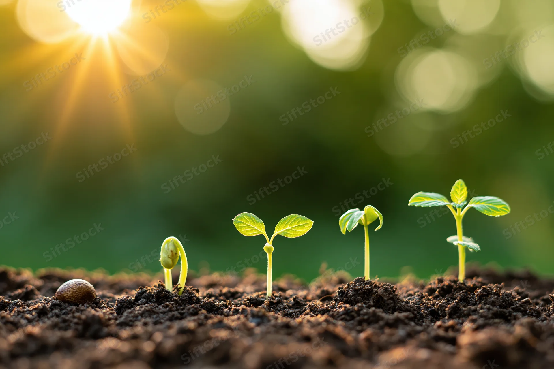 Five seedlings at different growth stages emerging from soil under morning sun