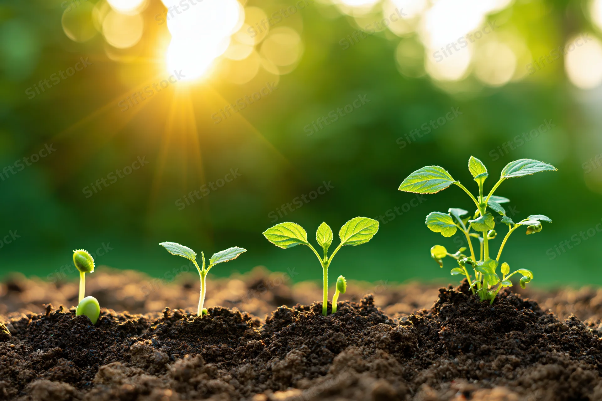 Four seedlings at different growth stages emerging from soil under morning sunlight