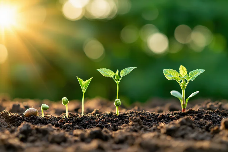 Five seedlings at different growth stages emerging from soil in a garden at dawn