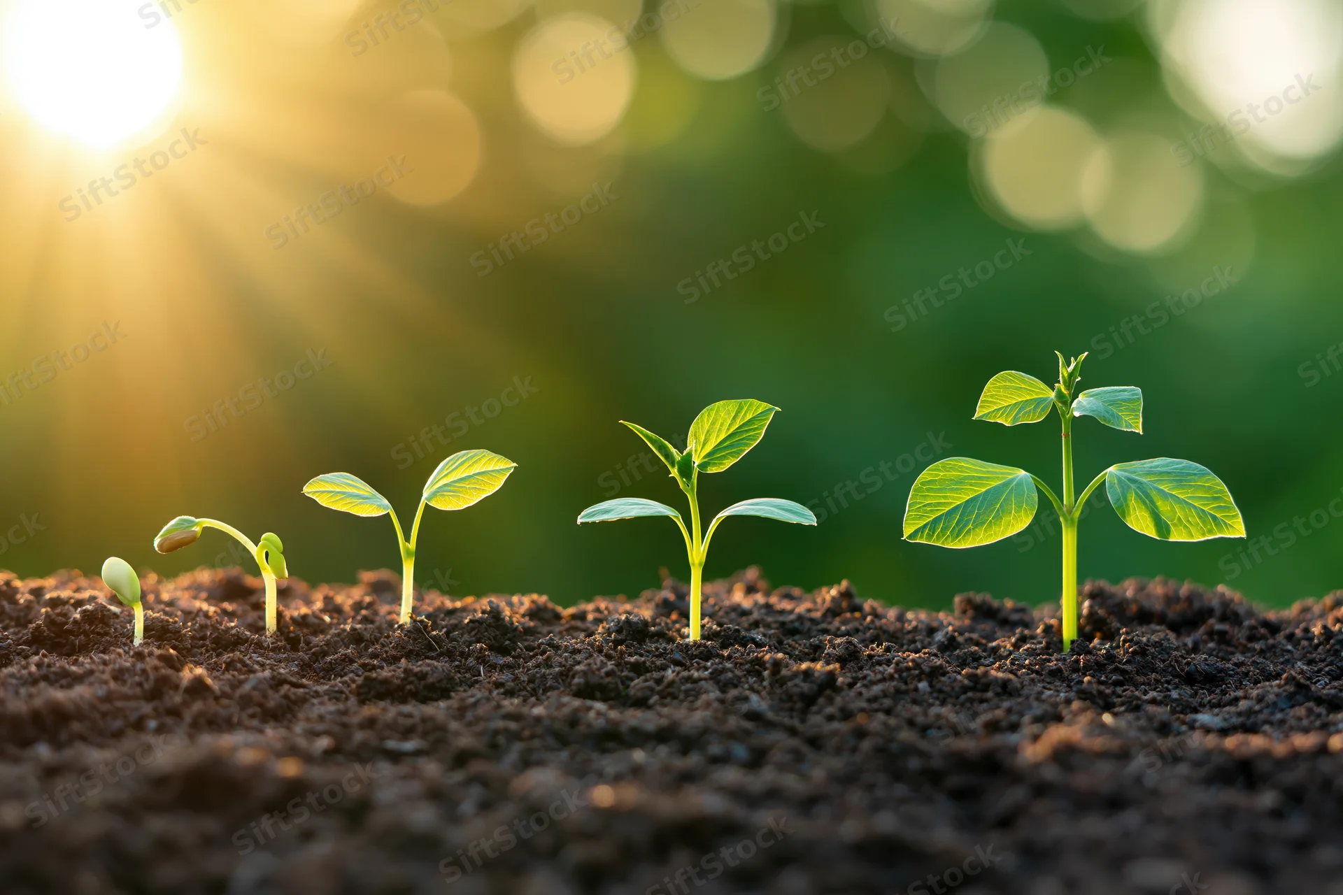 Five seedlings in sequential growth stages emerging from soil under morning sunlight
