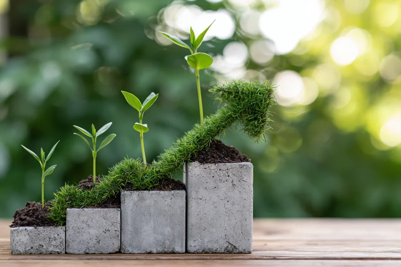 Seedlings growing in ascending concrete blocks on a wooden table outdoors