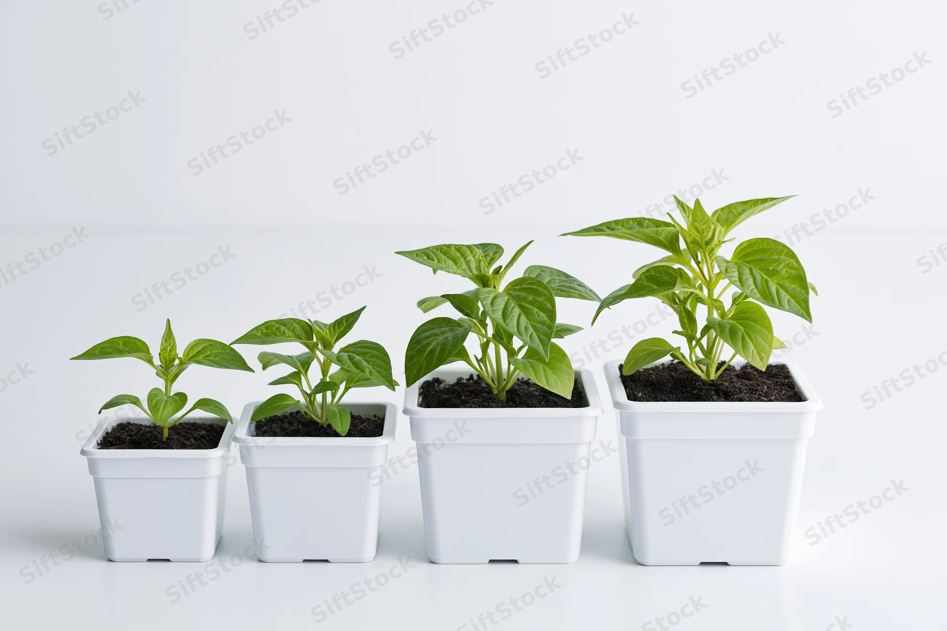 Four seedlings in white square pots arranged in a row showing growth stages on a white surface