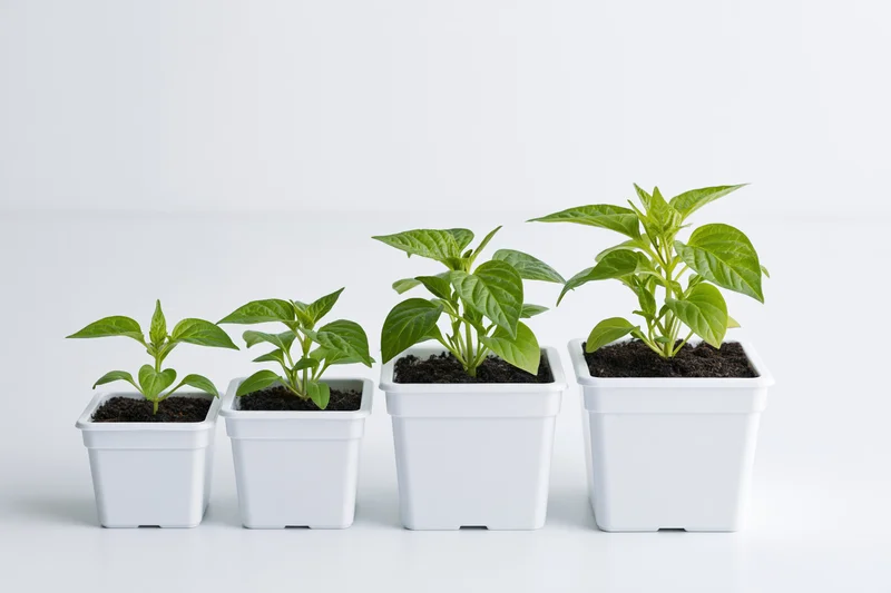 Four seedlings in white square pots arranged in a row showing growth stages on a white surface