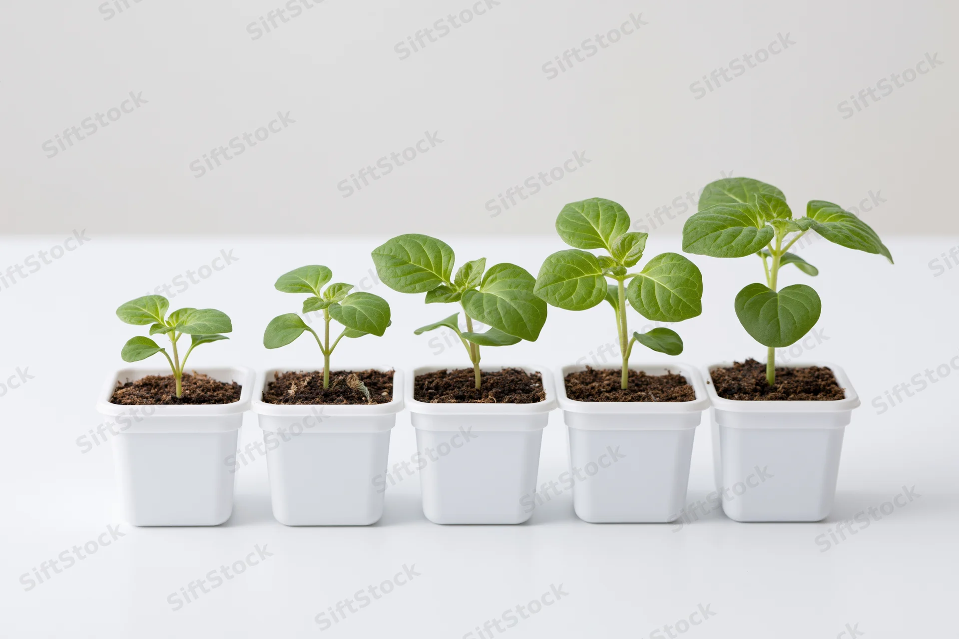 Five seedlings in white plastic pots arranged in a row showing growth stages on a white surface