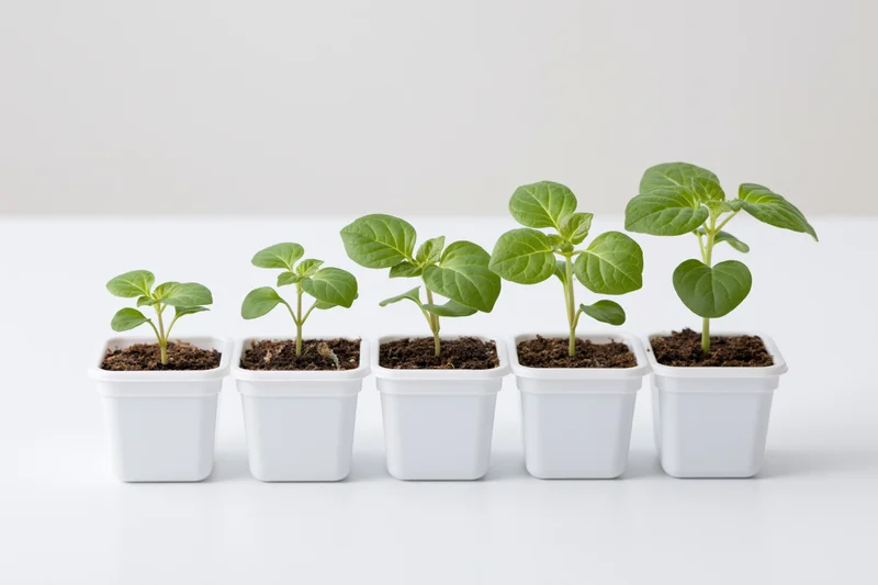Five seedlings in white plastic pots arranged in a row showing growth stages on a white surface