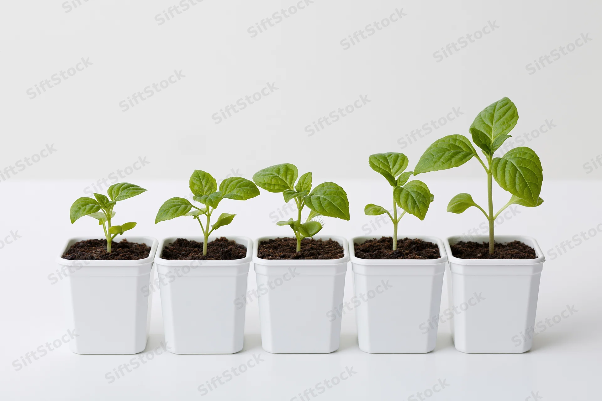 Five seedlings in white square pots arranged in a row showing growth stages on a white background