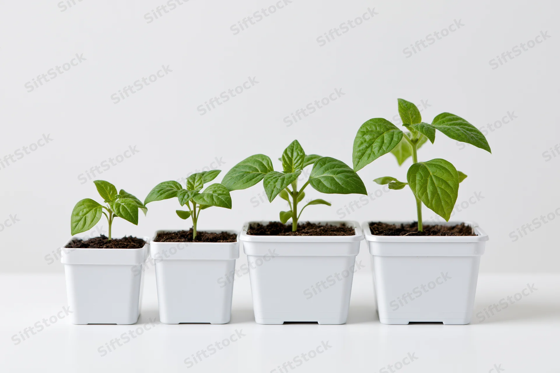 Four seedlings in white square pots arranged in a row on a white surface showing stages of growth