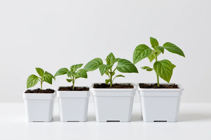 Four seedlings in white square pots arranged in a row on a white surface showing stages of growth