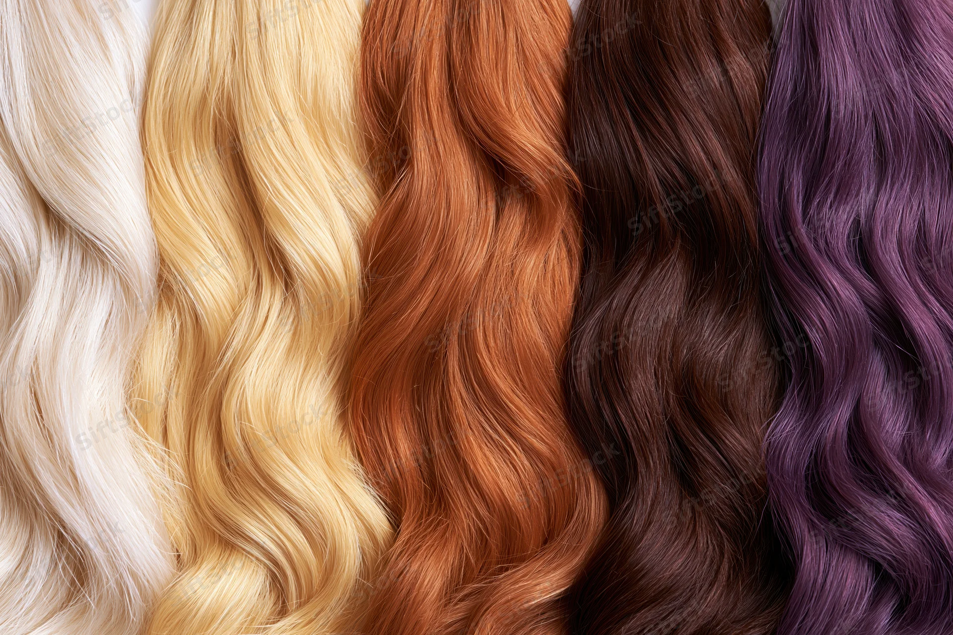 Five vertical swatches of wavy human hair in different colors arranged side by side