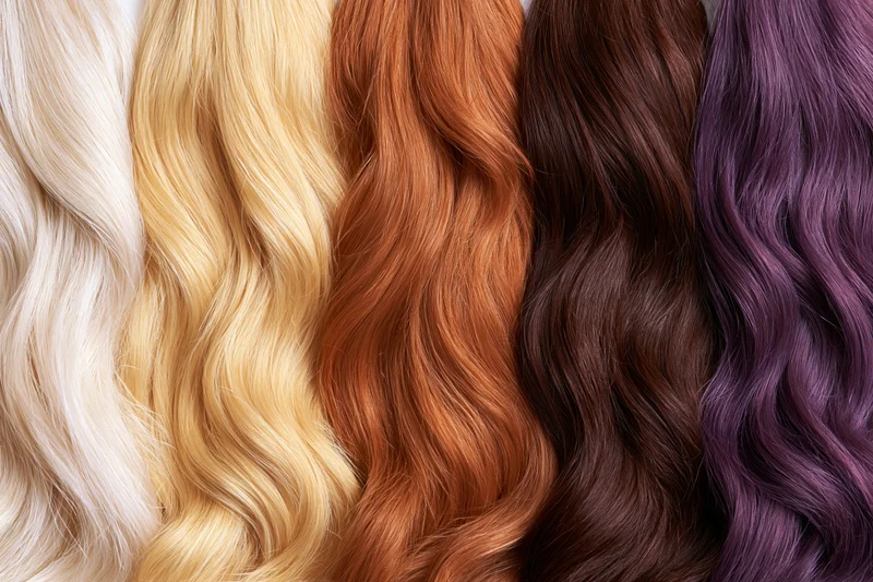 Five vertical swatches of wavy human hair in different colors arranged side by side