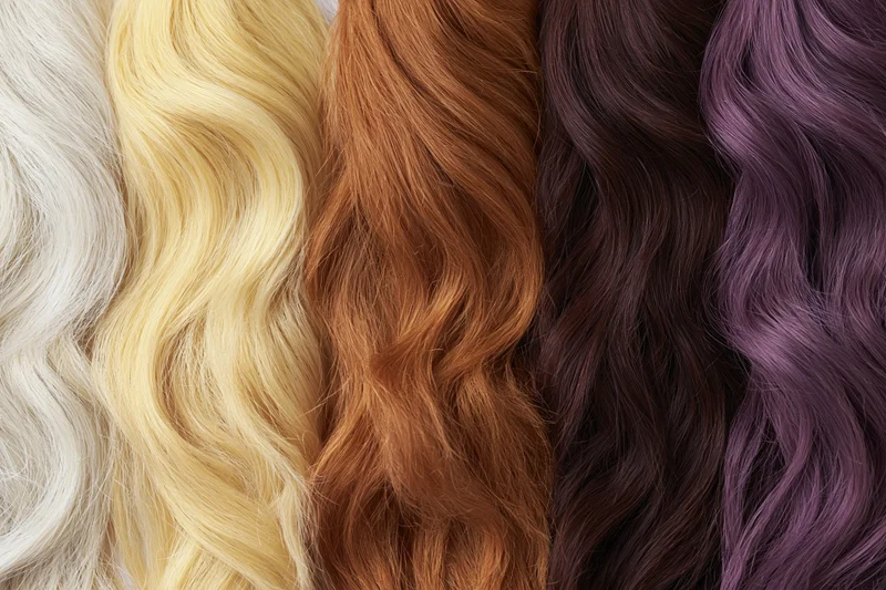 Five vertical swatches of colored human hair arranged side by side showing blonde, brown, auburn, burgundy and purple tones